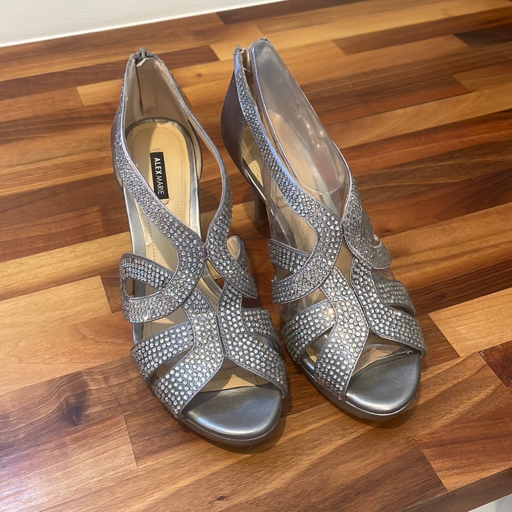 Alex Marie size 7.5 dress heel. Satin silver/grey heel with rhinestones.